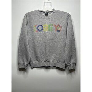 Vintage Y2K Obey Propaganda Crewneck Gray Rainbow Graphic Print Small Unisex